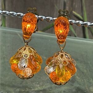 West Germany Bead Cluster Dangle Earrings Orange Yellow Filigree Gold Finish